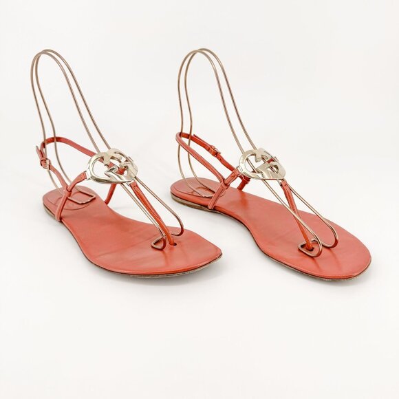 Gucci Interlocking GG Heart T-Strap Flat Sandals EU 37 US 7 Coral Pink Leather - Picture 1 of 12